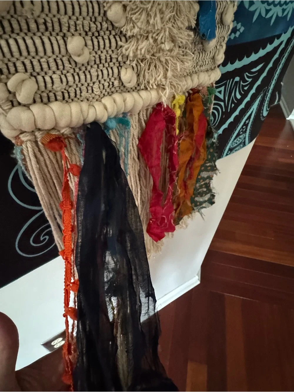 Handwoven Cream and Blue Textile Wall Hanging by